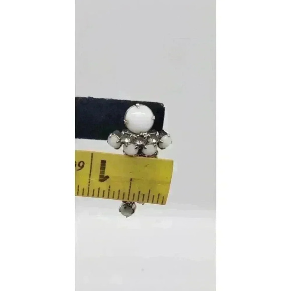Vintage Earrings White Milk Glass & Clear Rhinestone Dangle Long Moonstone - Picture 7 of 11